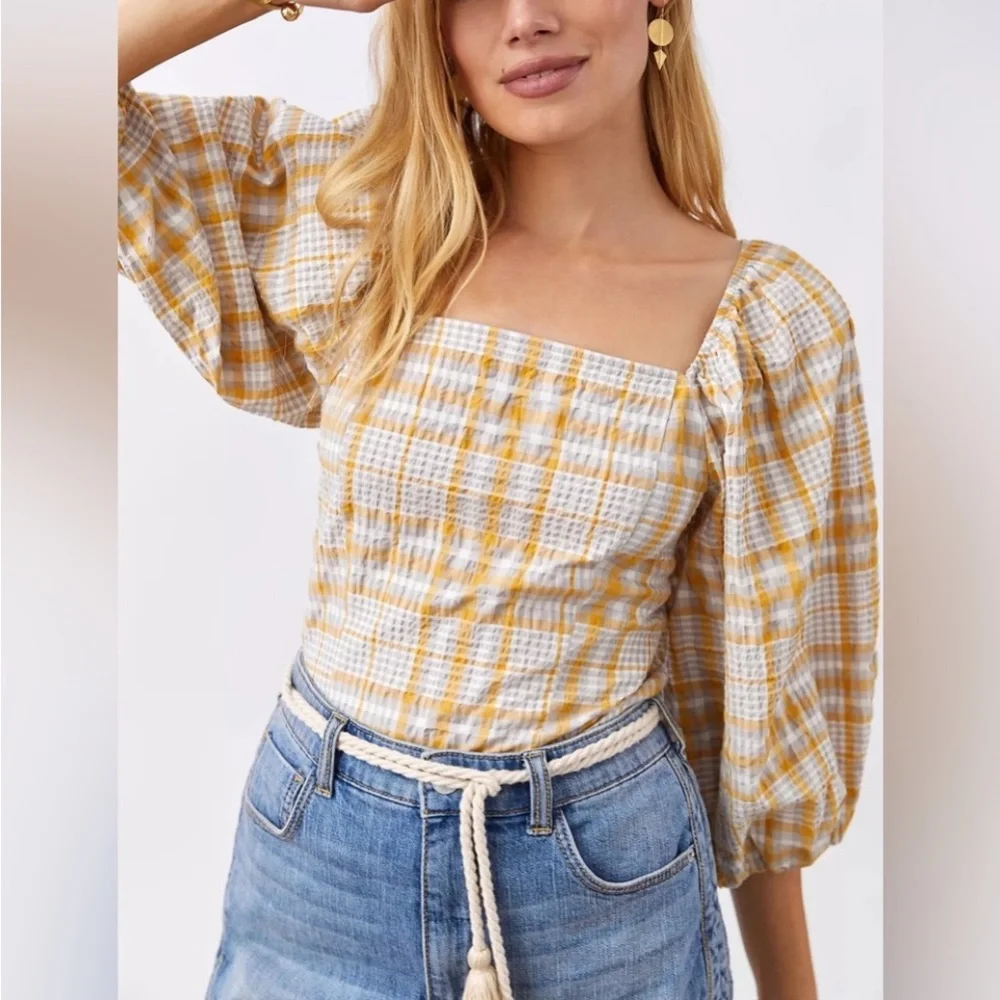 Anthropologie Maeve Square Neck Plaid Puff Sleeve Blouse size Small - Picture 5 of 5